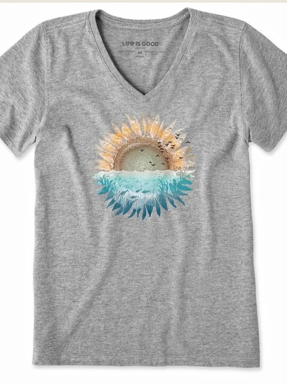 Life Is Good Women's V-Neck Sunflower Tee Heather Gray; EUC, Sz. XL